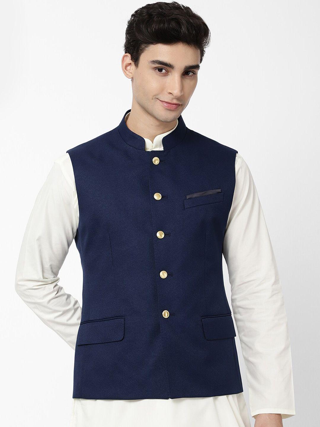 ad by arvind men navy blue solid woven  nehru jacket