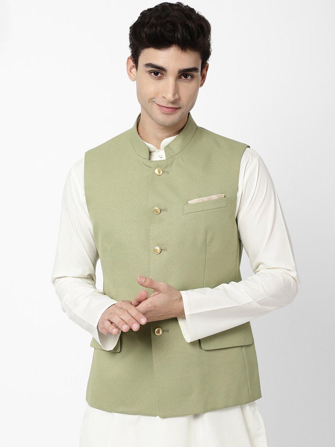 ad by arvind men olive green solid nehru jacket