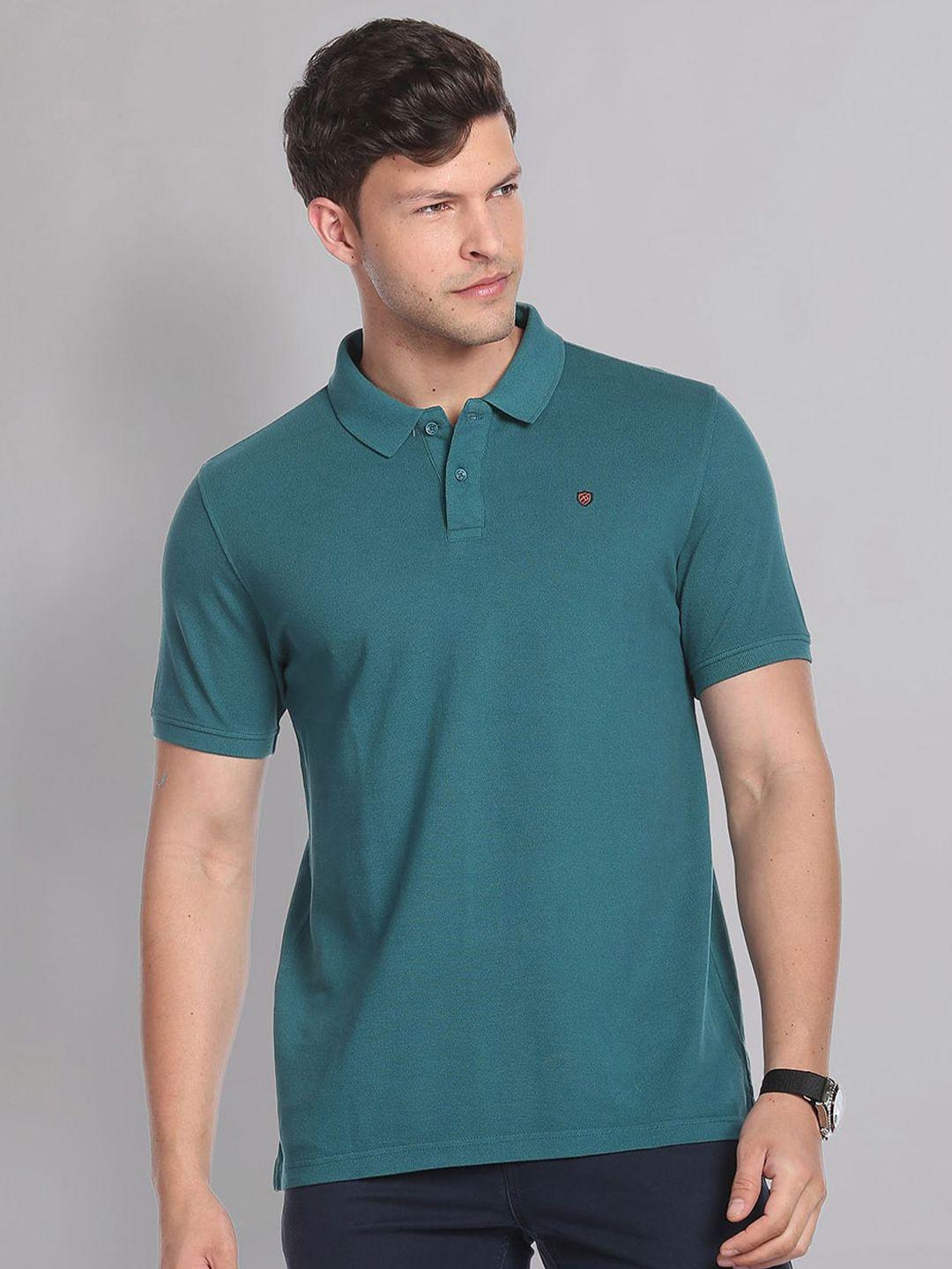 ad by arvind men teal green cotton polo collar t-shirt