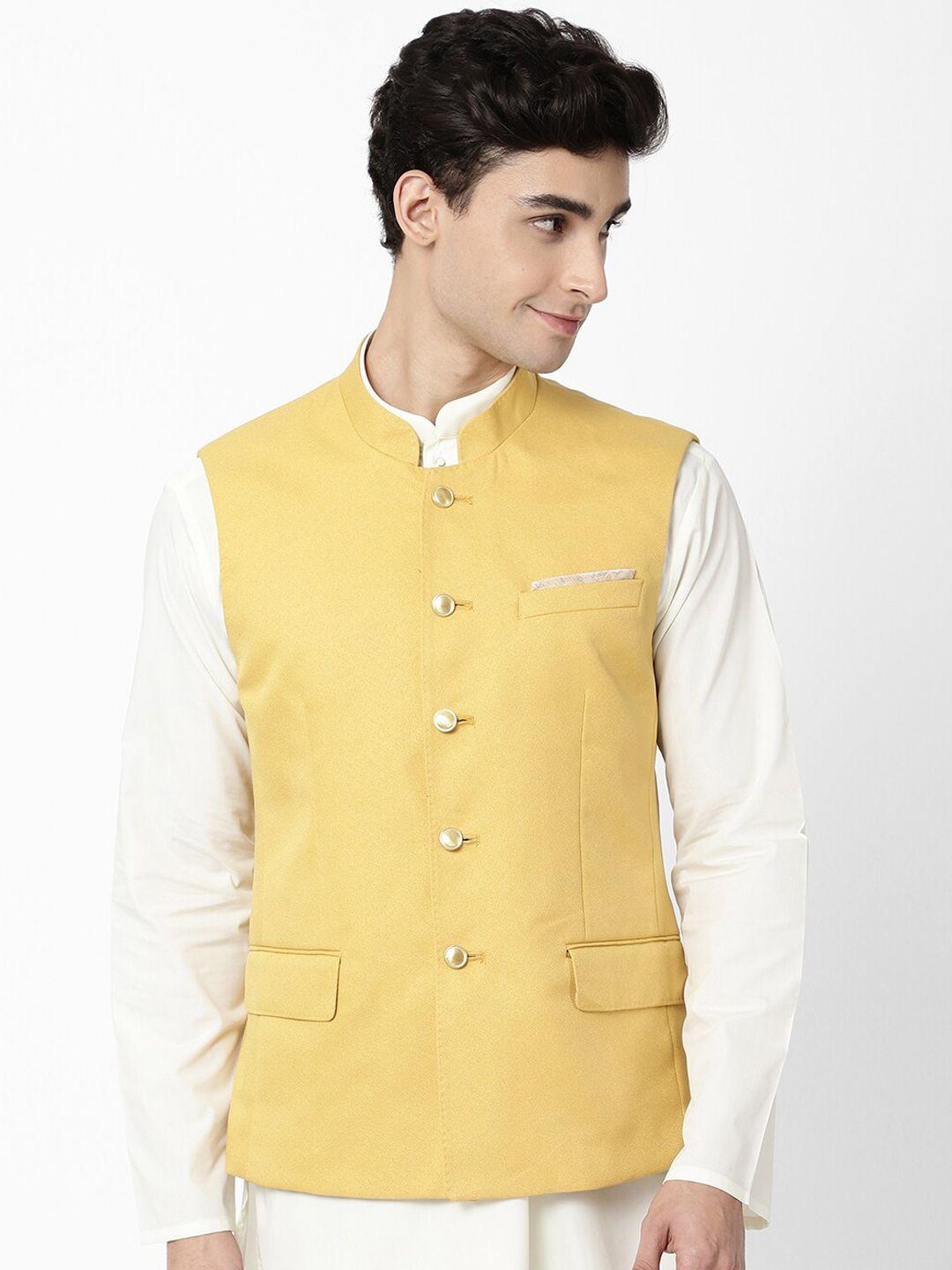 ad by arvind men yellow solid woven nehru jackets