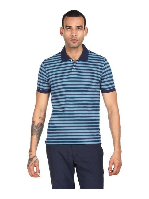 ad by arvind navy blue cotton regular fit striped polo t-shirt