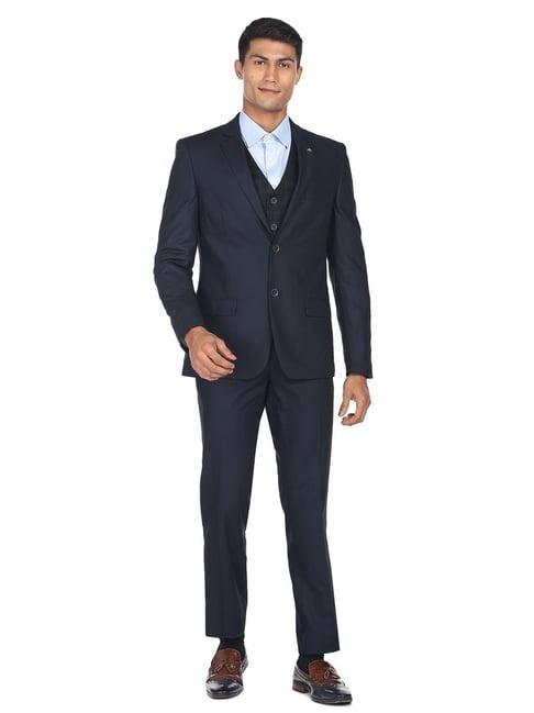 ad by arvind navy regular fit notch lapel three piece suit