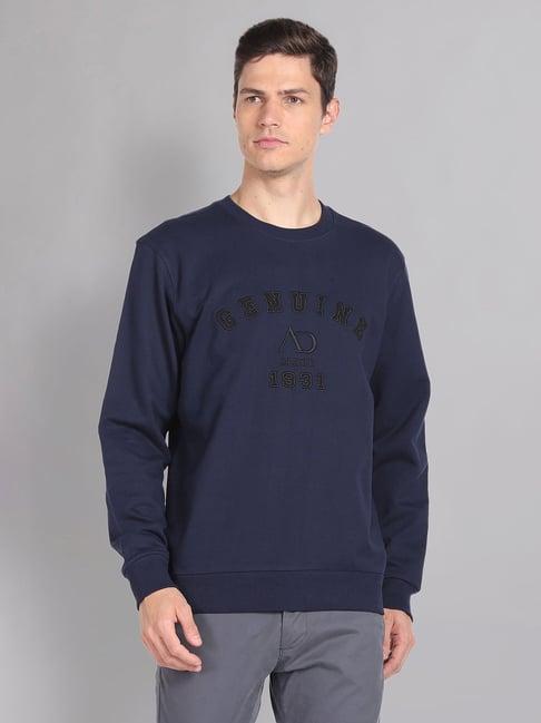 ad by arvind navy slim fit embroidered round neck sweatshirt