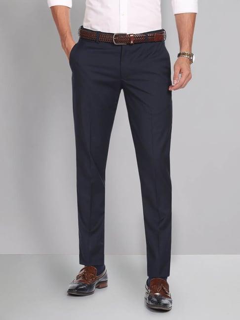 ad by arvind navy slim fit flat front trousers