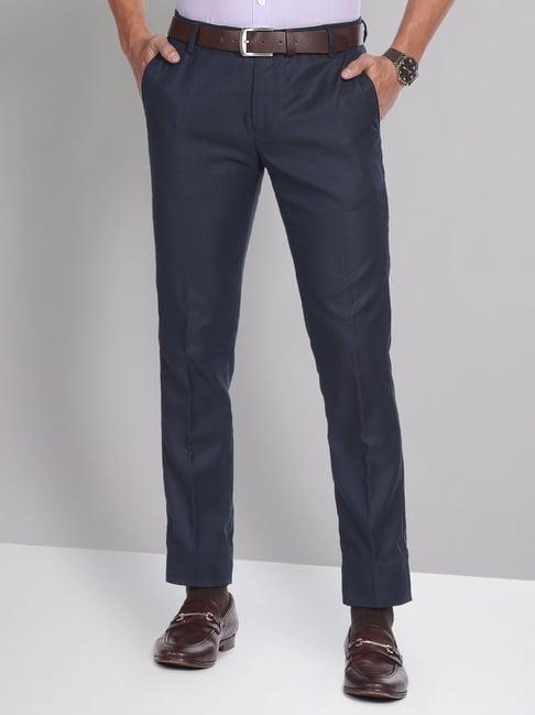 ad by arvind navy slim fit flat front trousers