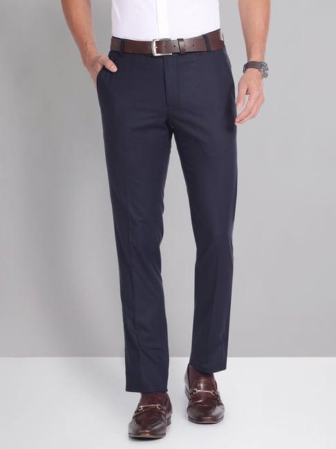 ad by arvind navy slim fit flat front trousers