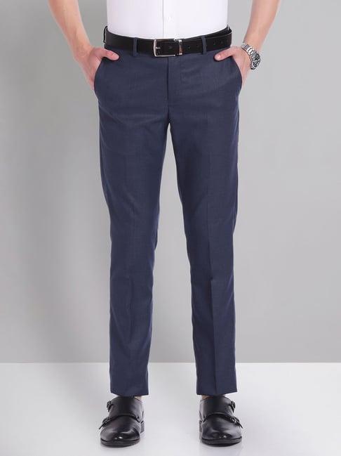 ad by arvind navy slim fit flat front trousers