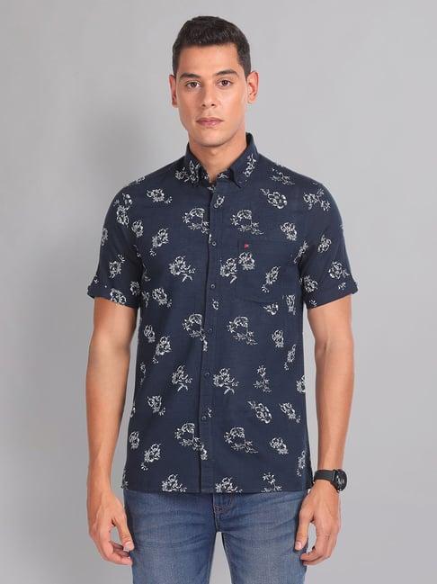 ad by arvind navy slim fit printed shirt