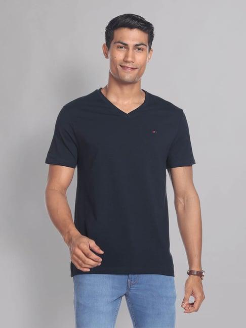 ad by arvind navy slim fit v-neck t-shirt