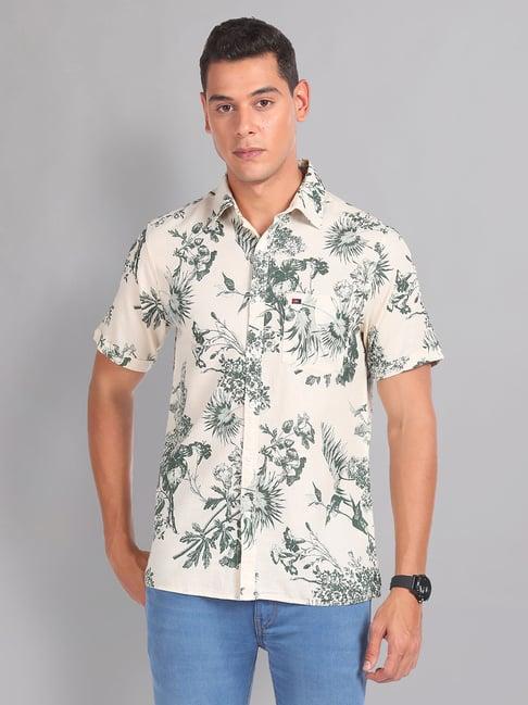 ad by arvind off white slim fit floral print shirt