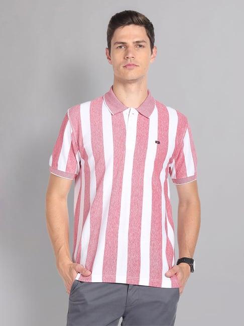 ad by arvind red & white slim fit striped polo t-shirt