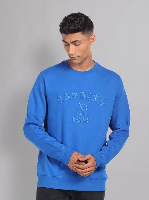 ad by arvind royal blue slim fit embroidered round neck sweatshirt