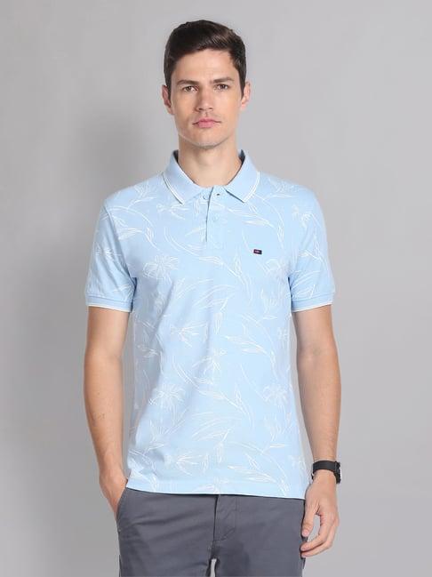 ad by arvind sky blue slim fit floral print polo t-shirt