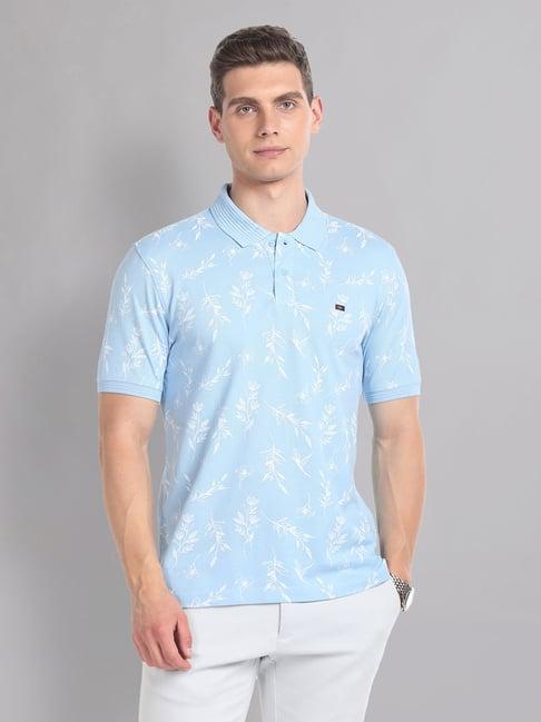 ad by arvind sky blue slim fit printed polo t-shirt