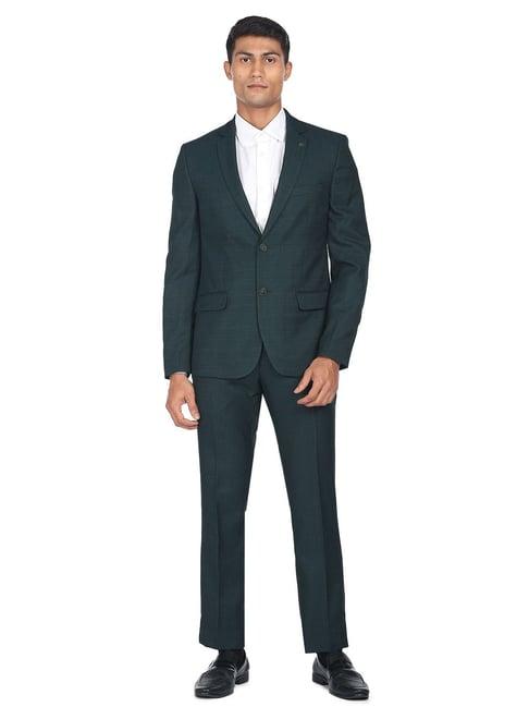 ad by arvind teal blue regular fit notch lapel textured two piece suit