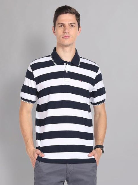 ad by arvind white & navy slim fit striped polo t-shirt