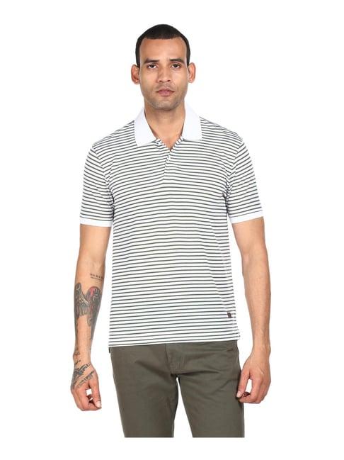 ad by arvind white & olive cotton regular fit striped polo t-shirt