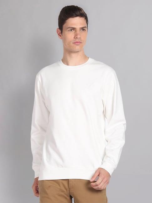 ad by arvind white slim fit embroidered logo round neck sweatshirt