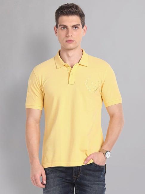 ad by arvind yellow slim fit embroidered  logo polo t-shirt