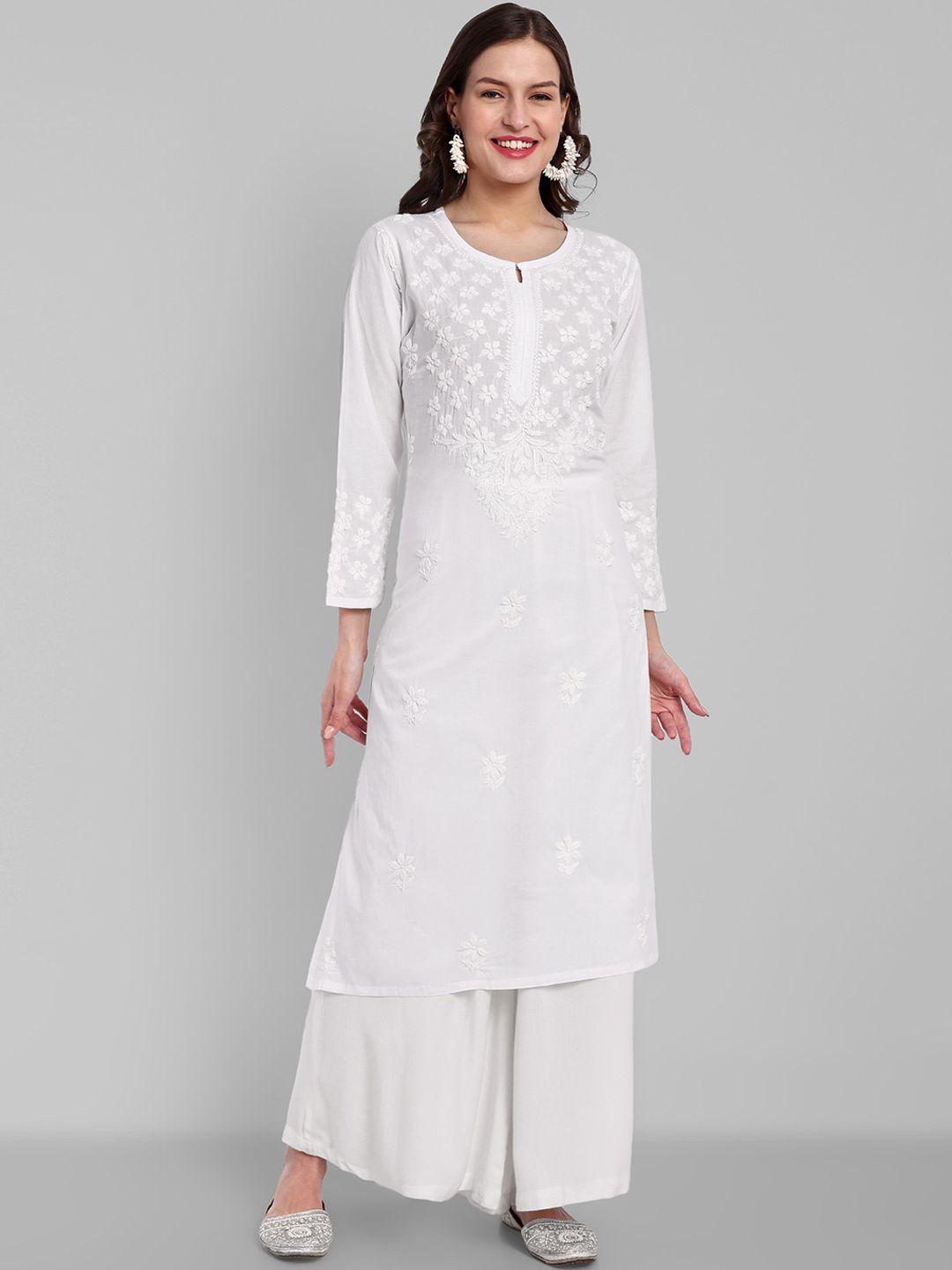 ada ethnic motifs embroidered round neck chikankari cotton straight kurta
