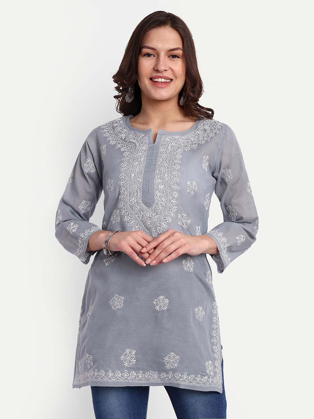 ada grey floral embroidered thread work pure cotton thread work kurti