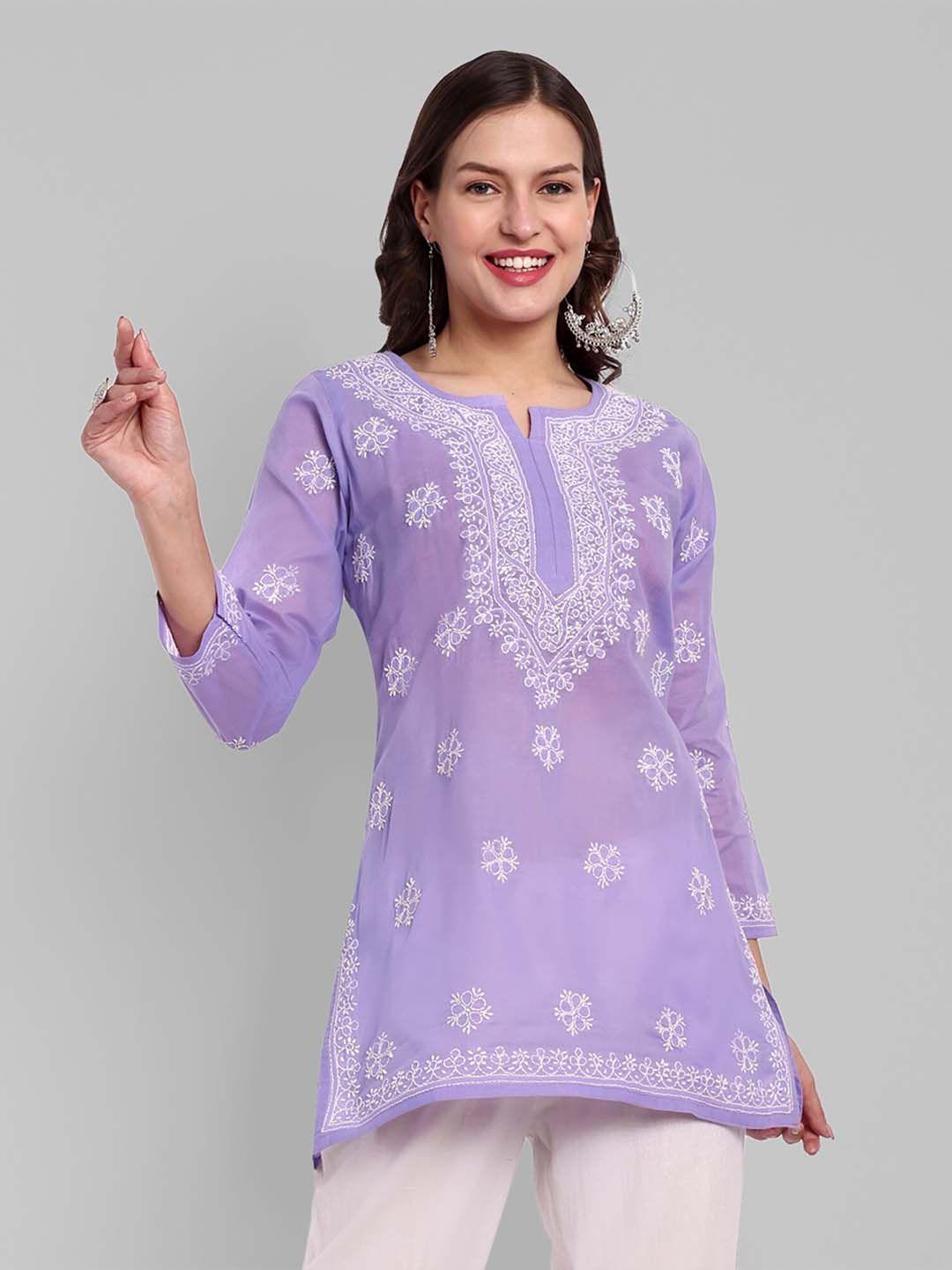 ada lavender floral embroidered thread work pure cotton thread work kurti