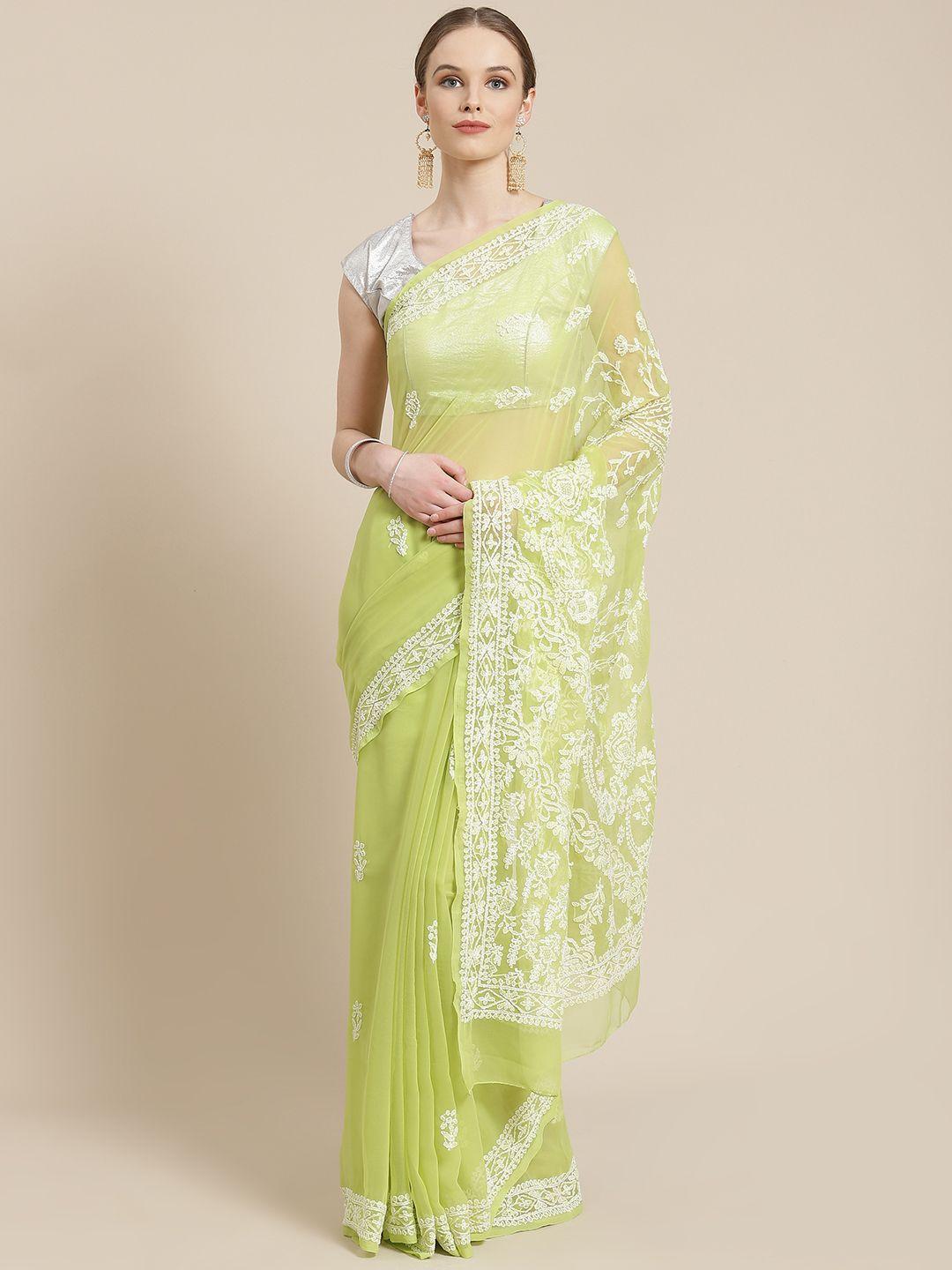 ada lime green & white chikankari embroidered saree