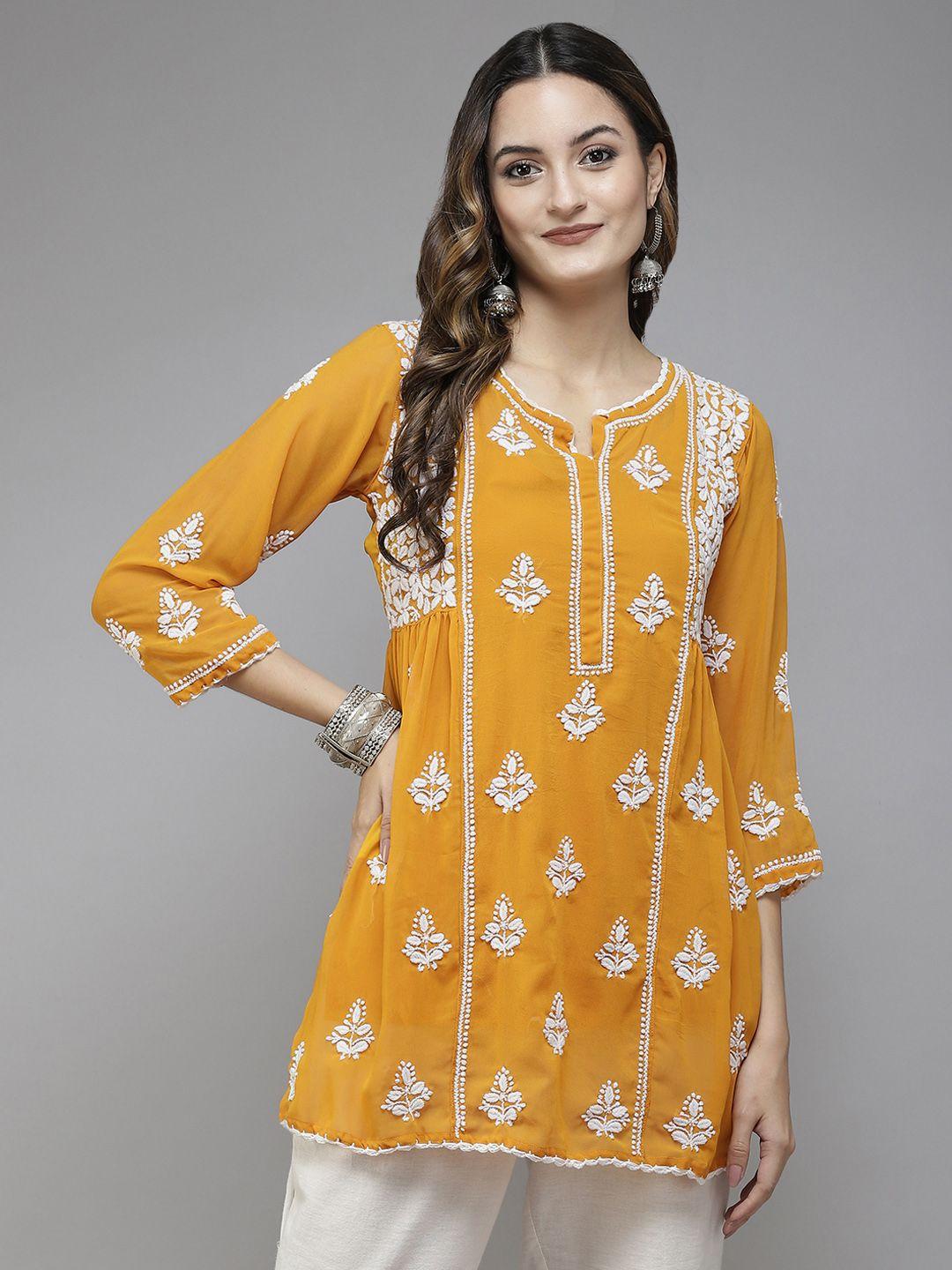 ada mustard yellow & white ethnic motifs embroidered chikankari handloom kurti with slip