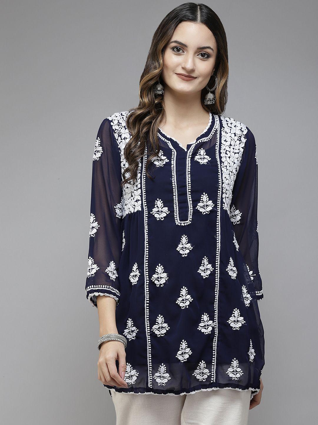 ada navy blue & white ethnic motifs embroidered chikankari handloom kurti with matching slip