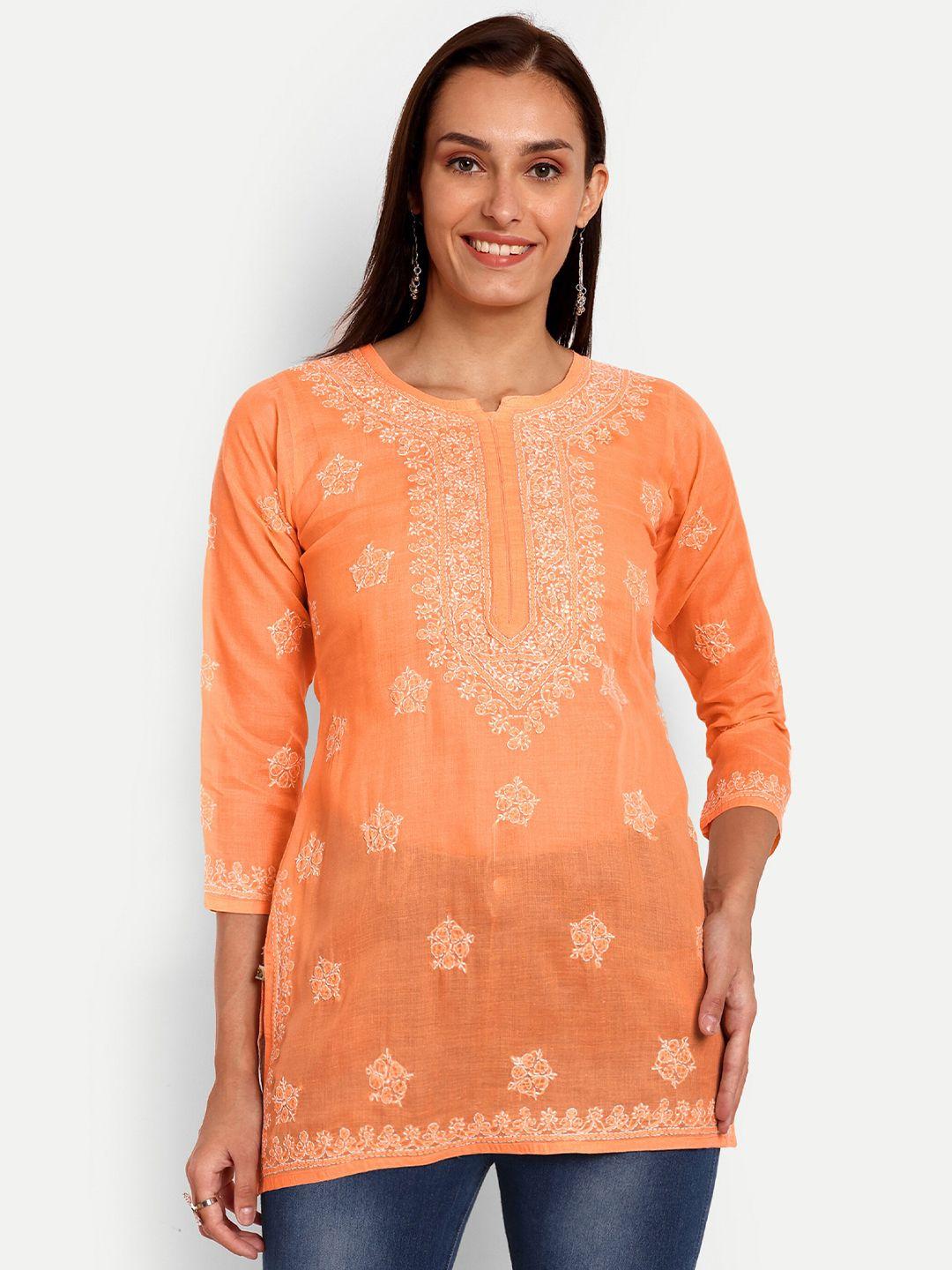 ada orange & white ethnic motifs embroidered thread work pure cotton thread work kurti