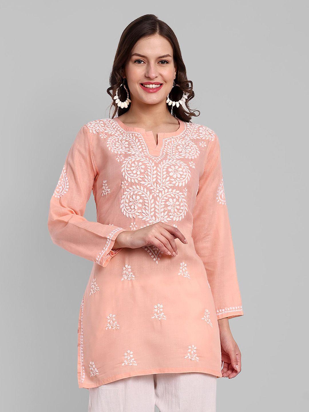 ada peach-coloured & white ethnic motifs embroidered thread work pure cotton thread work kurti