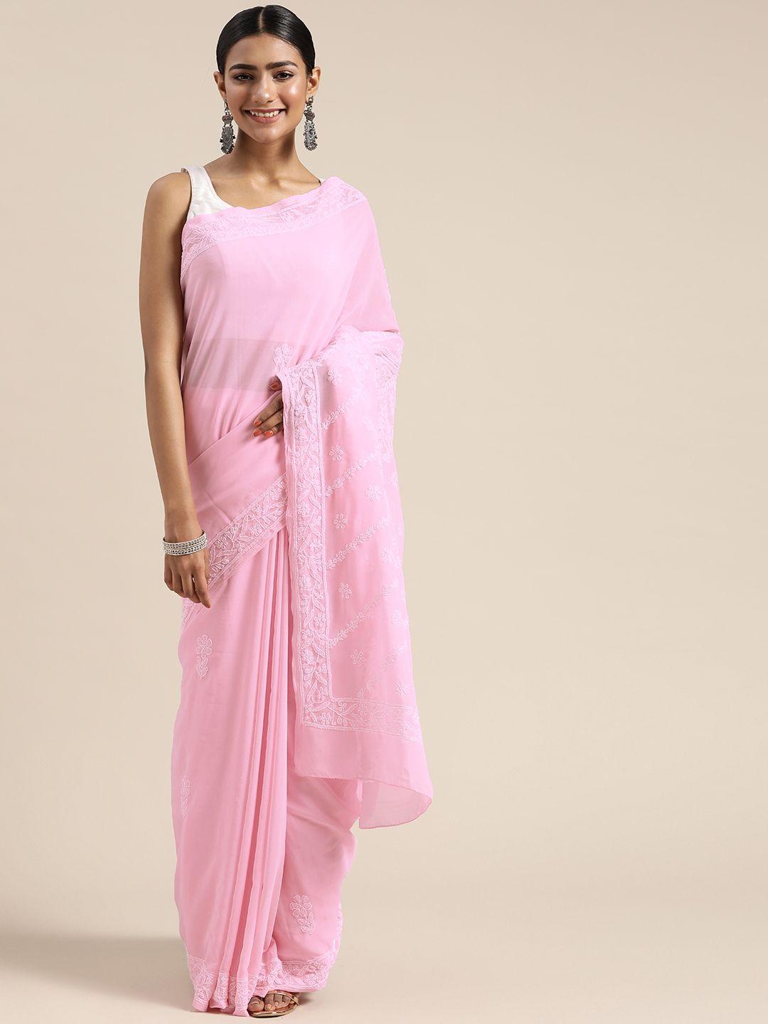 ada pink & white chikankari embroidered saree