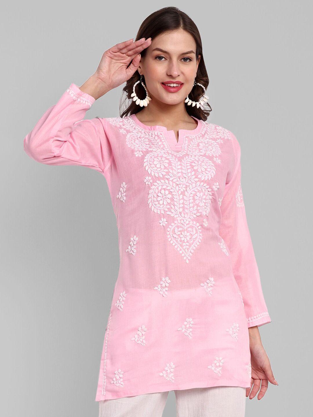 ada pink & white ethnic motifs embroidered thread work pure cotton thread work kurti