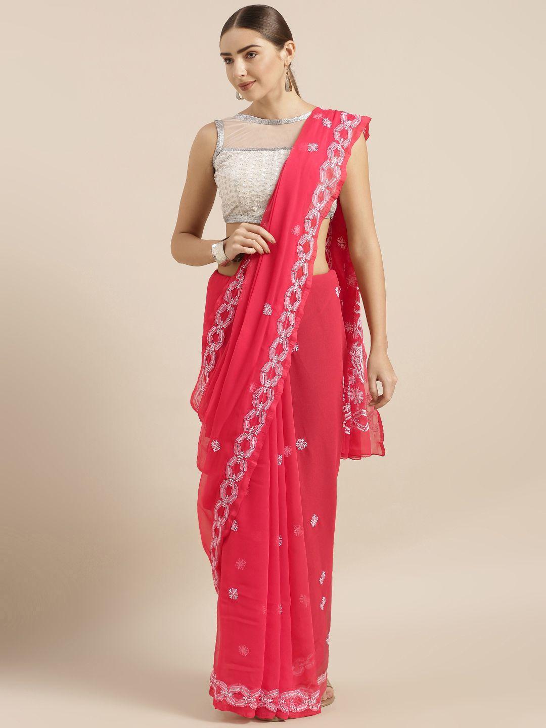 ada pink & white poly georgette lucknowi chikankari embroidered sustainable handloom saree