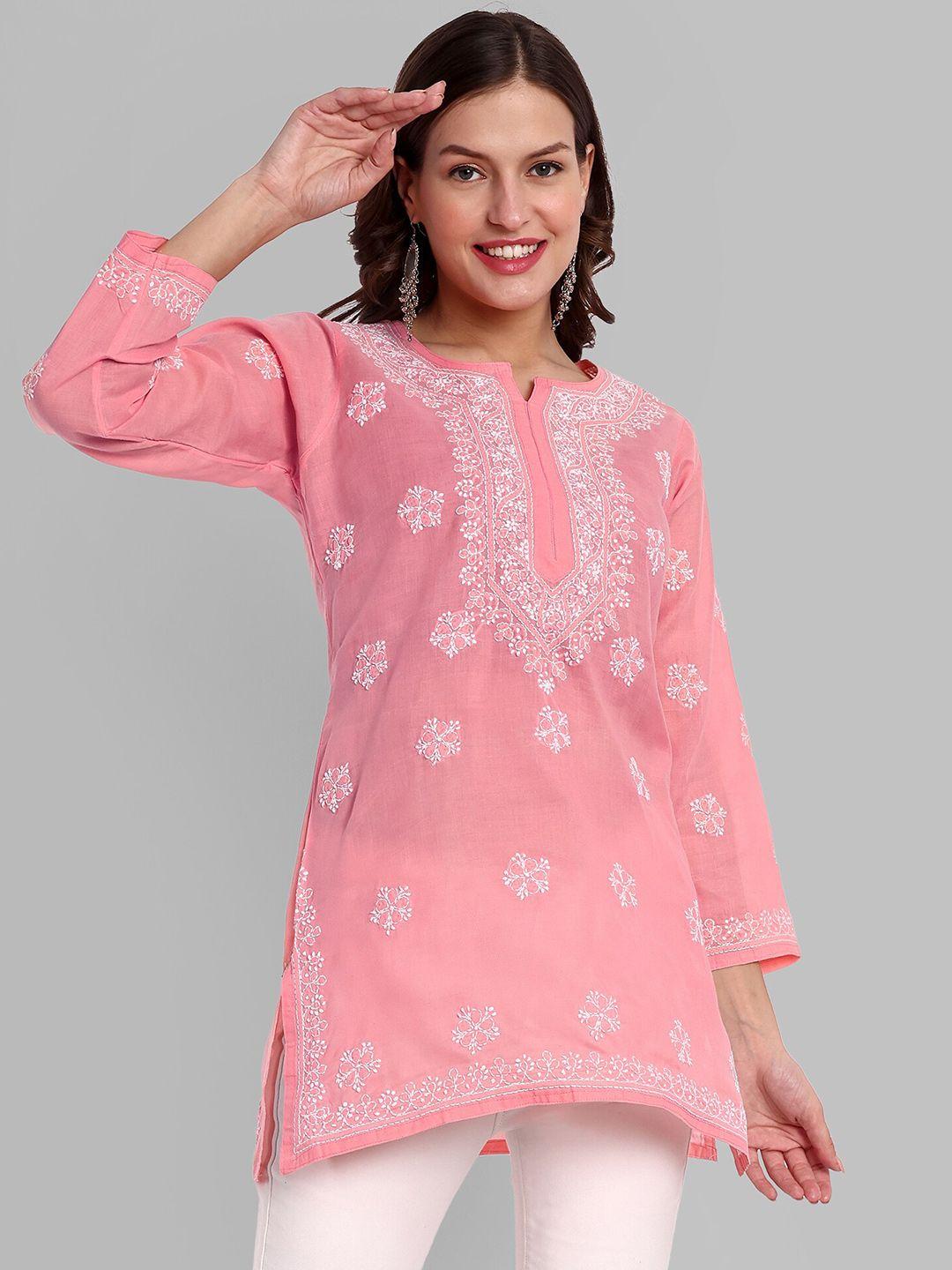 ada pink floral embroidered thread work pure cotton thread work kurti