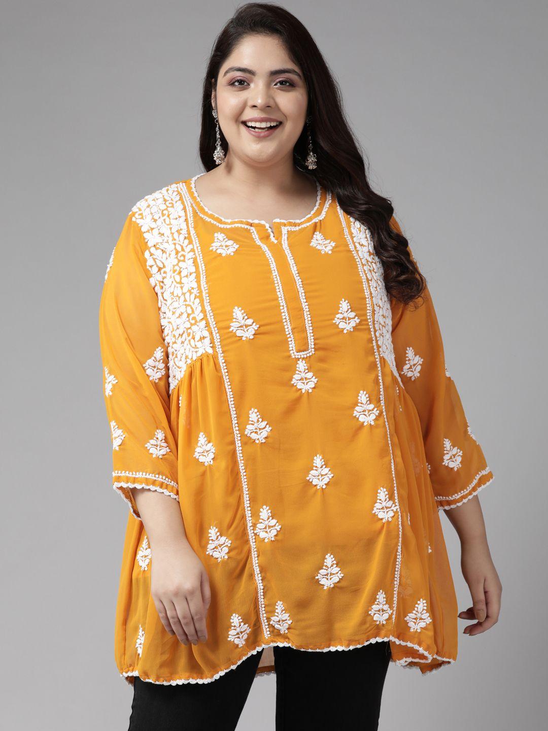 ada plus size mustard ethnic motifs embroidered poly georgette chikankari kurti with slip