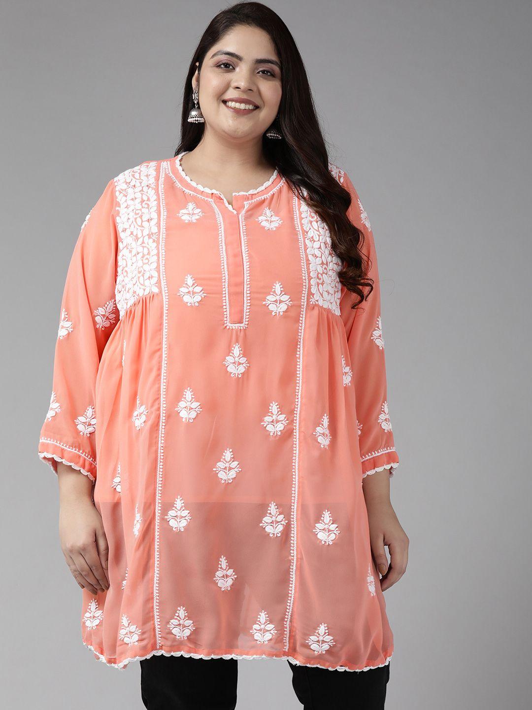 ada plus size peach-coloured ethnic motifs embroidered chikankari pure georgette kurti