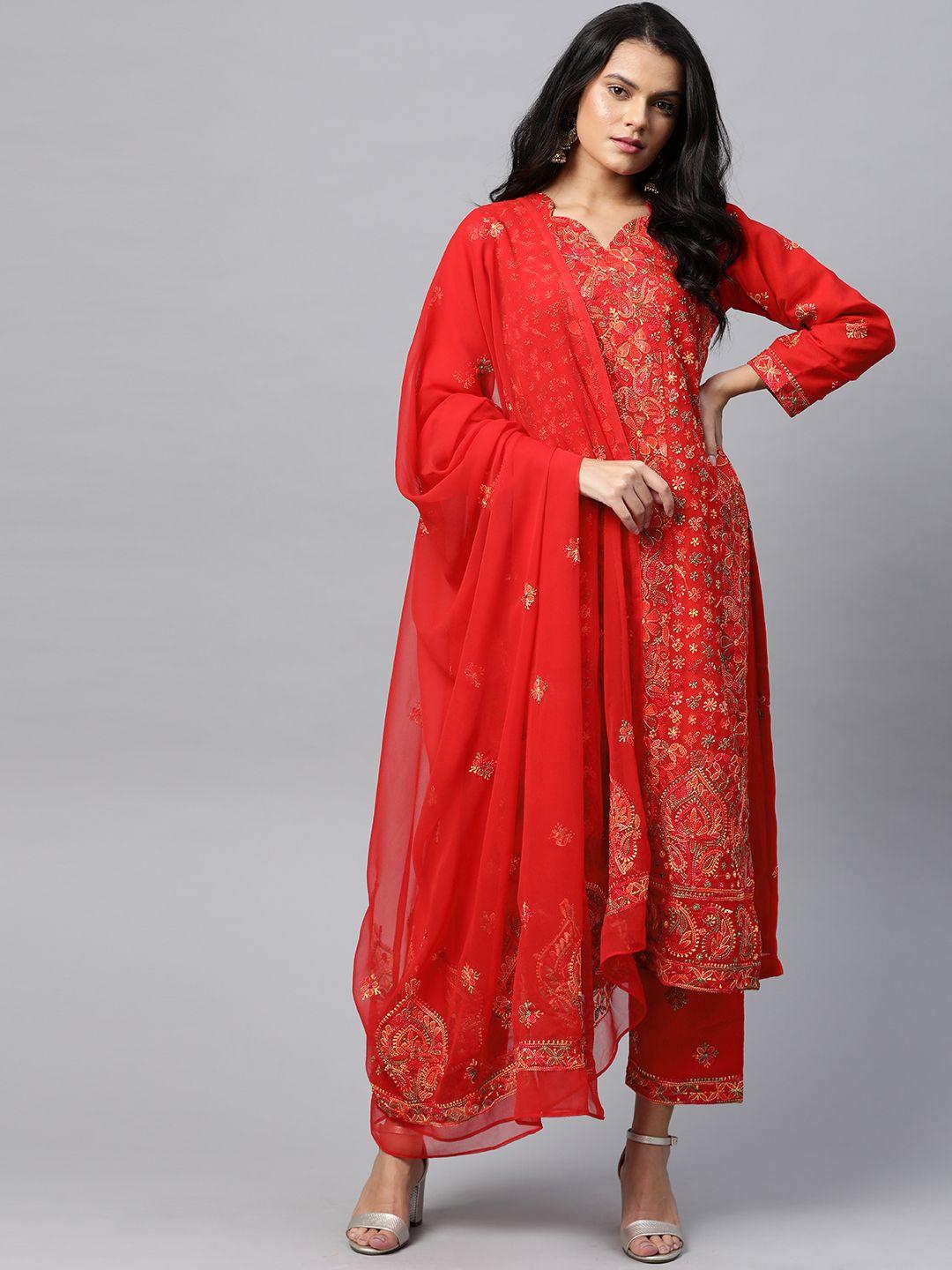 ada red & yellow chikankari embroidered sustainable unstitched dress material