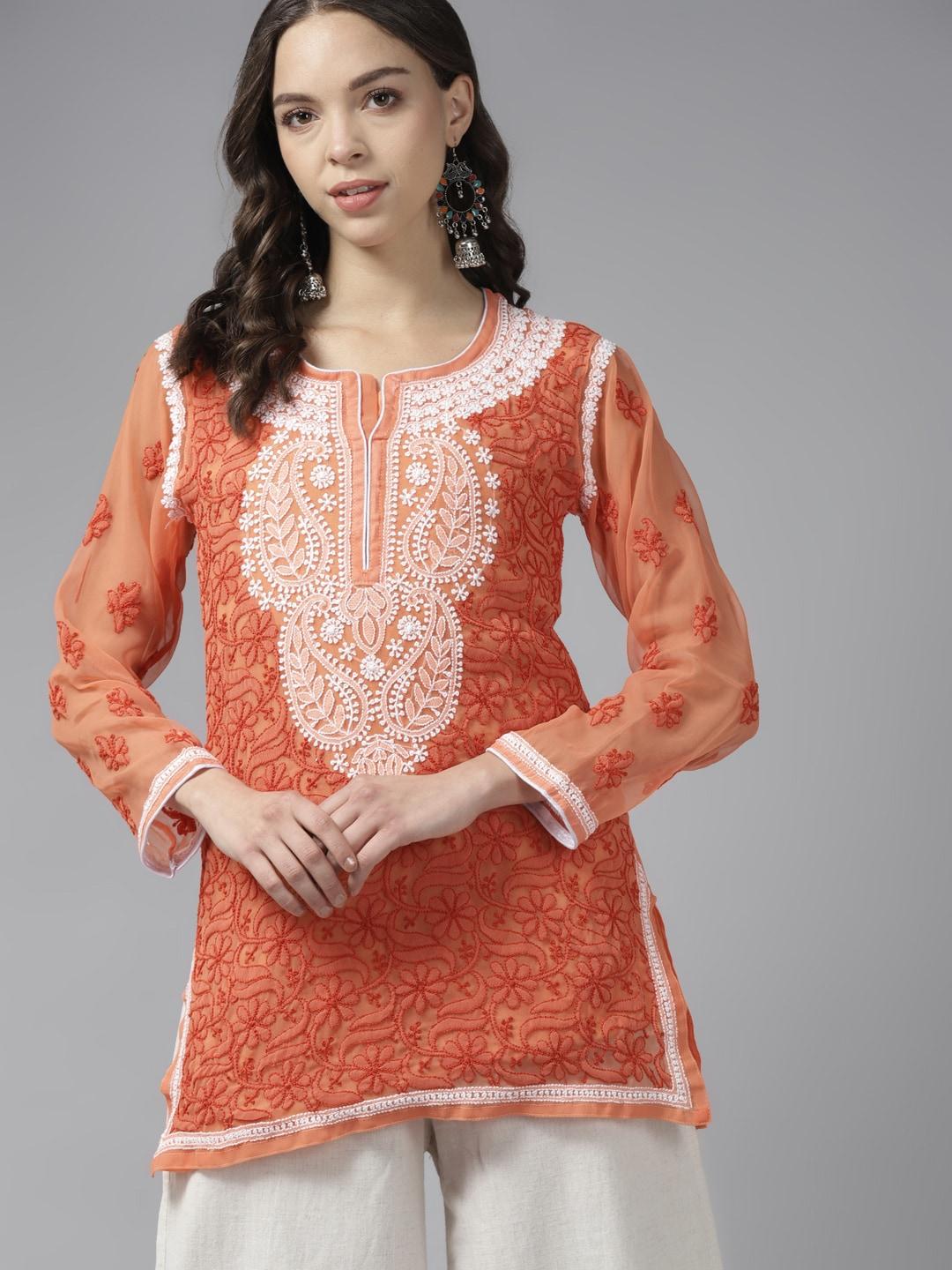 ada rust & white ethnic motifs embroidered chikankari handloom kurti with matching slip