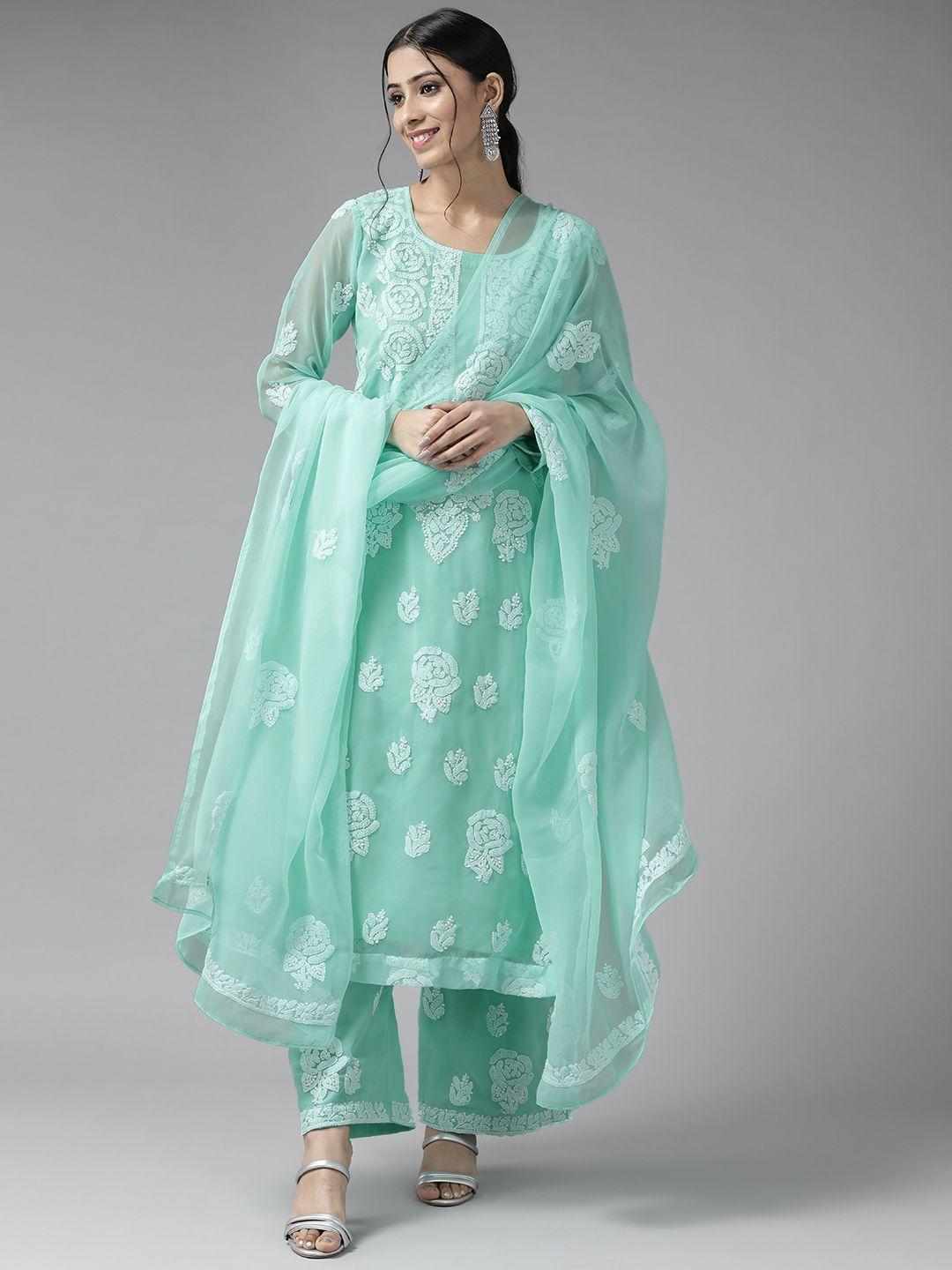 ada sea green & white embroidered unstitched dress material