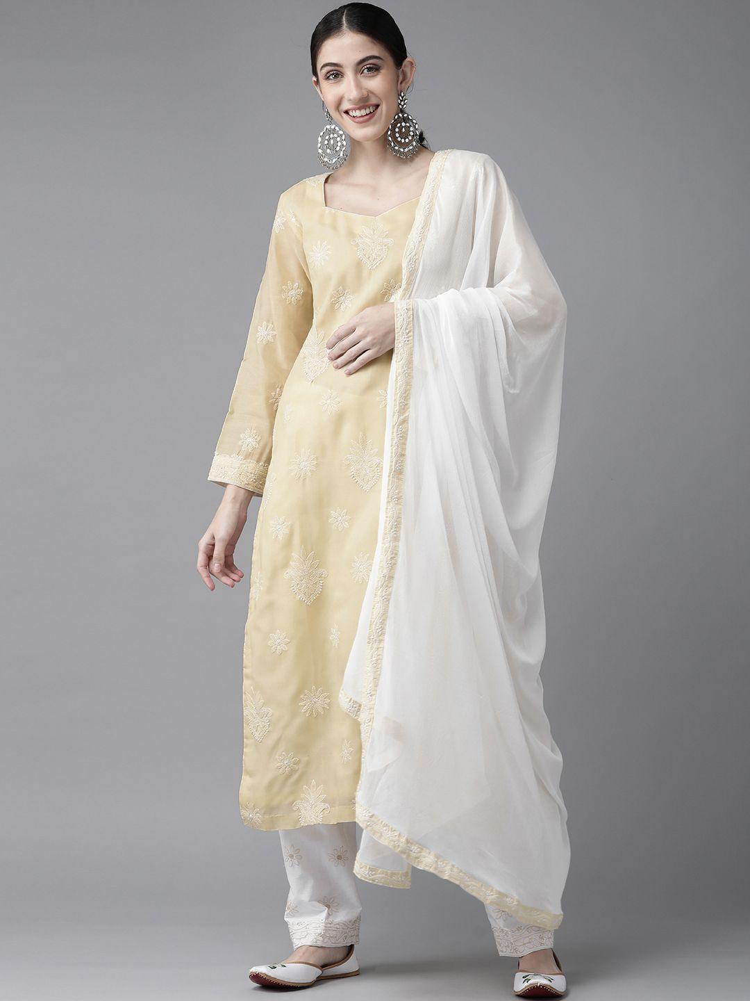 ada women beige & white chikankari hand embroidered unstitched dress material