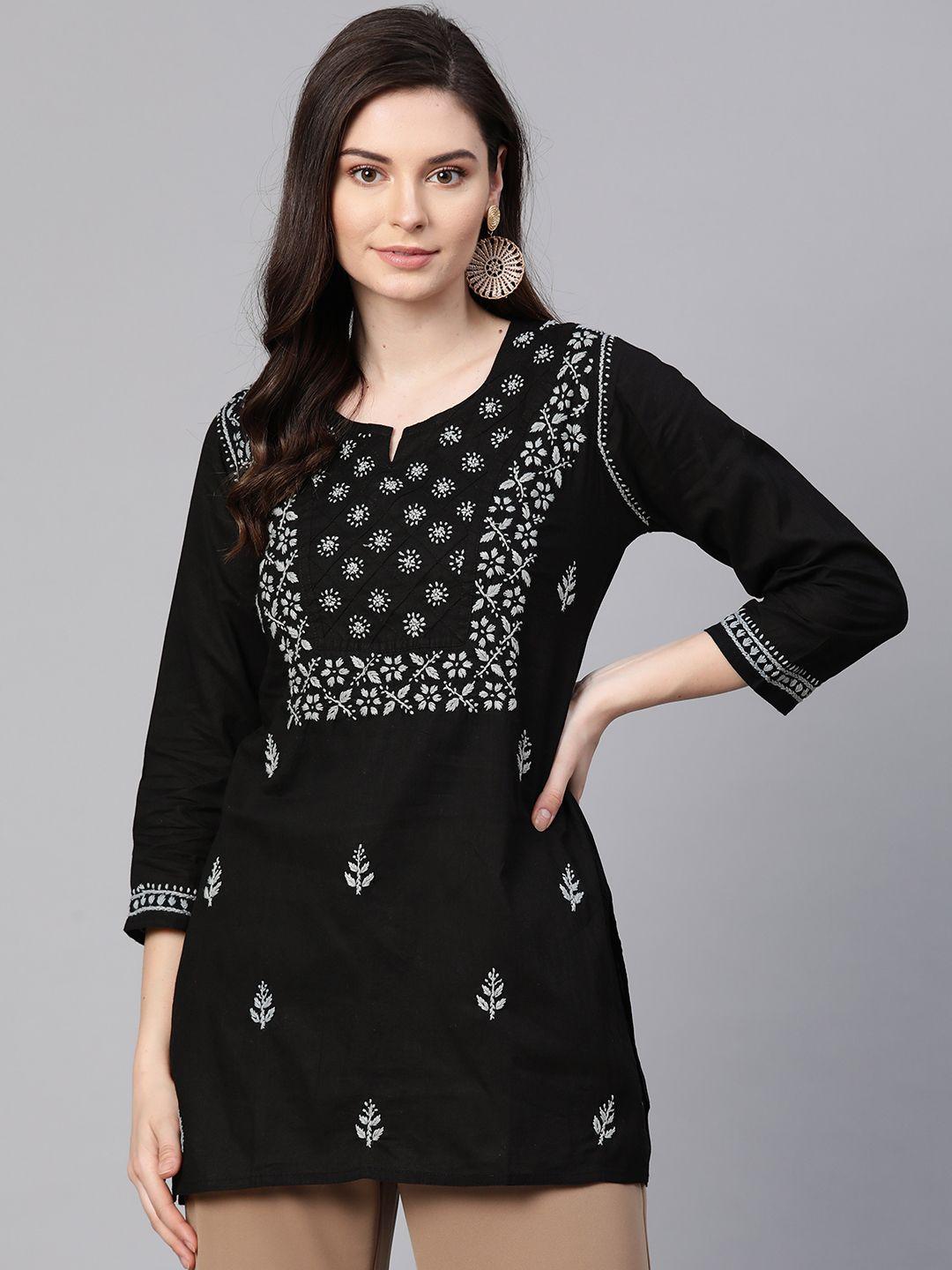 ada women black & grey chikankari hand embroidered pure cotton straight sustainable handloom kurti