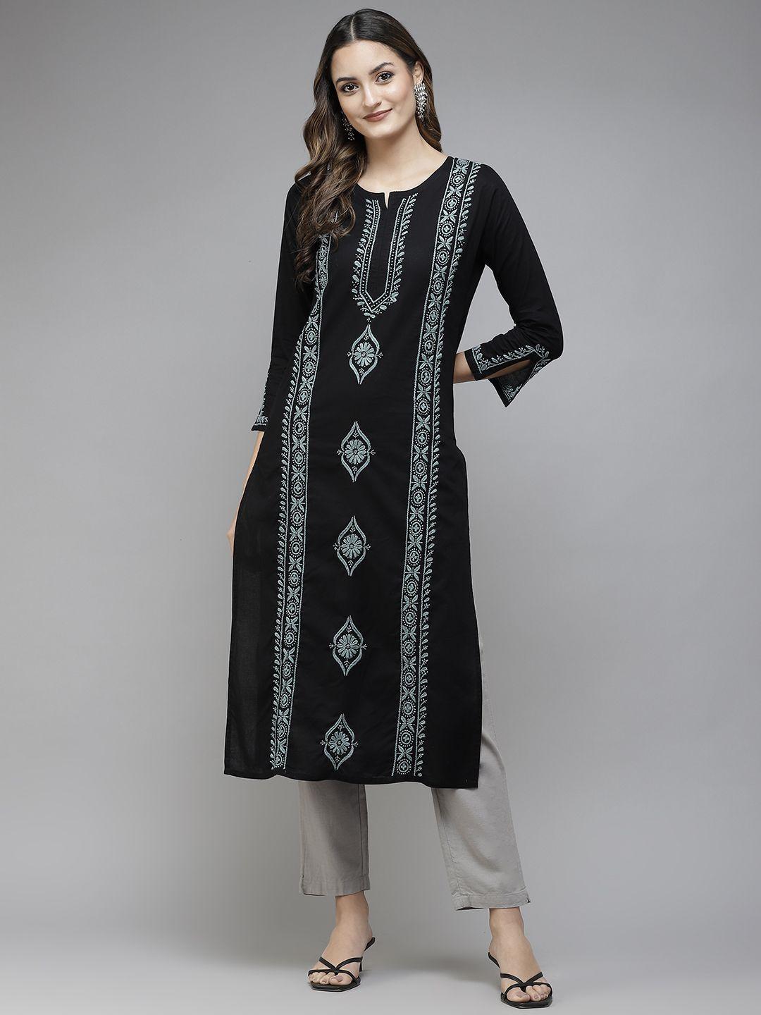 ada women black & grey ethnic motifs embroidered chikankari handloom handloom kurta