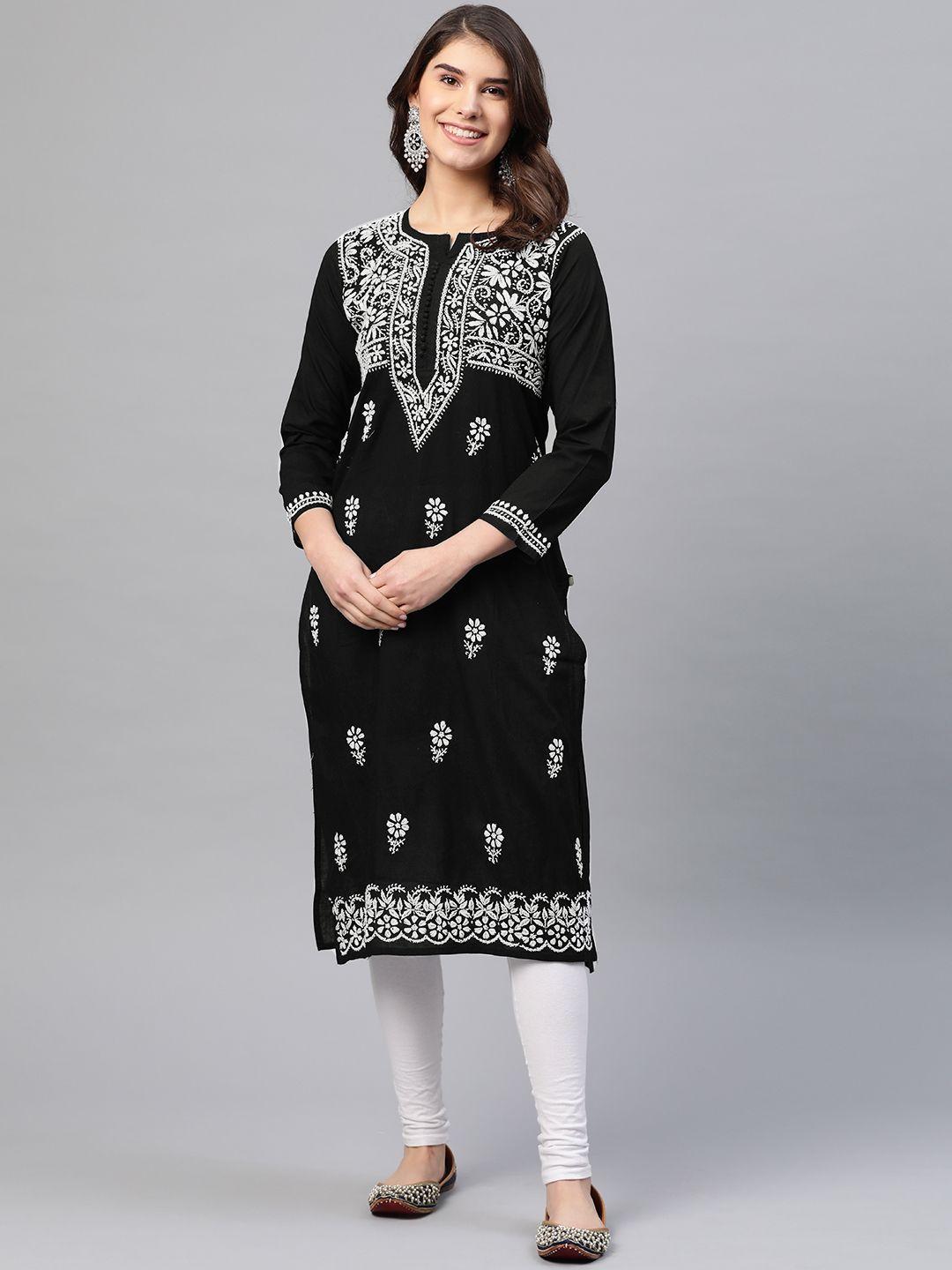 ada women black & white chikankari embroidered straight sustainable handloom kurta