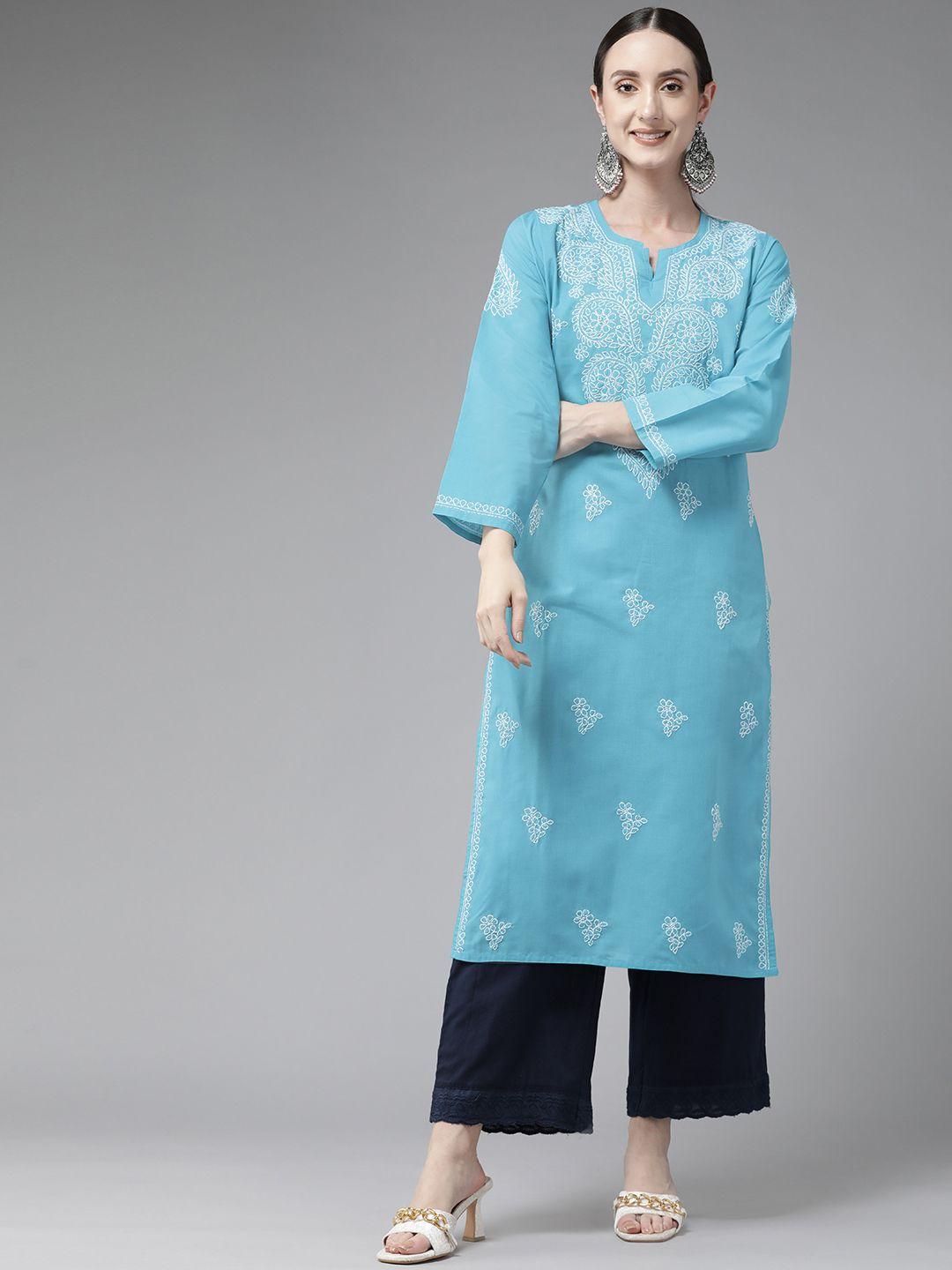 ada women blue & white ethnic motifs embroidered chikankari kurta