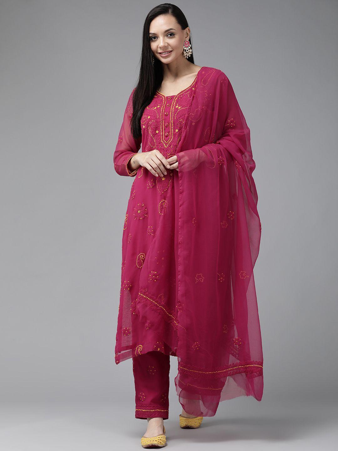 ada women burgundy & yellow embroidered unstitched dress material