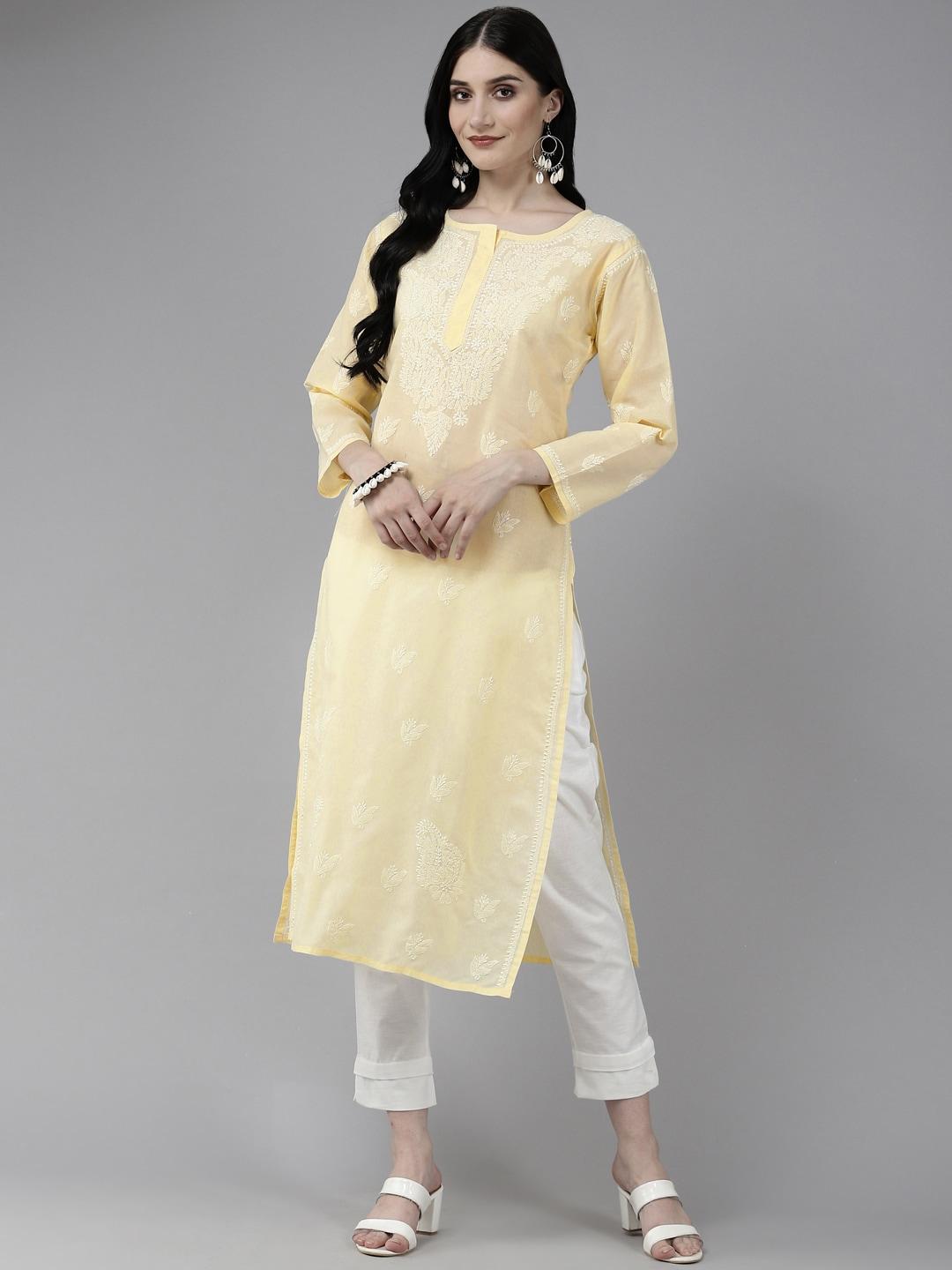 ada women cream-coloured & white ethnic motifs embroidered chikankari cotton kurta