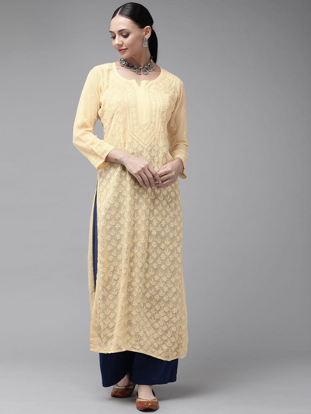 ada women cream-coloured ethnic motifs embroidered chikankari georgette handloom kurta