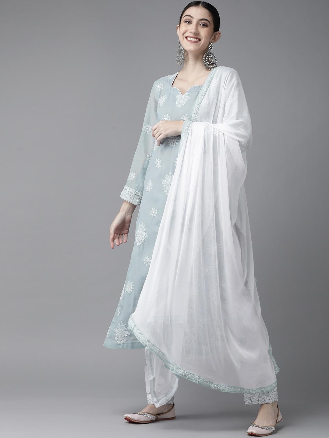 ada women grey & white chikankari embroidered handloom unstitched dress material