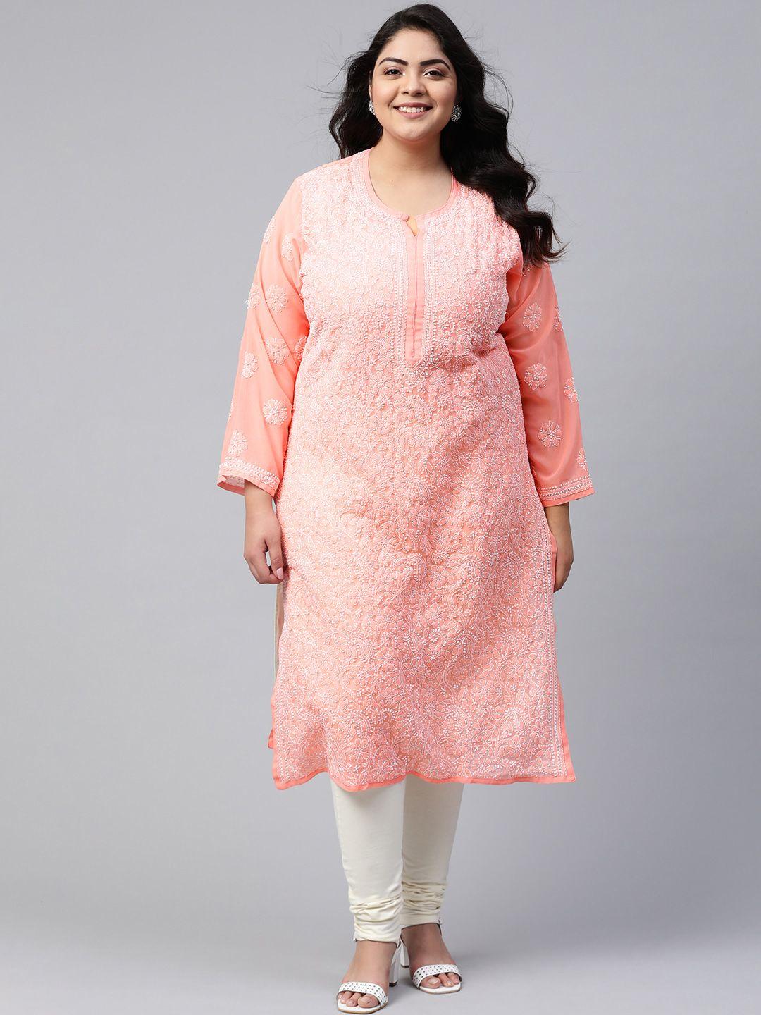 ada women plus size peach-coloured & white ethnic motifs chikankari georgette handloom kurta